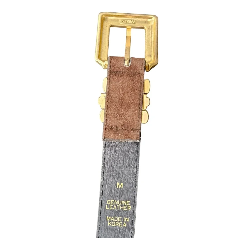 Vintage Express Brown Leather Belt Gold Western Concho Buckle Made Korea Medium